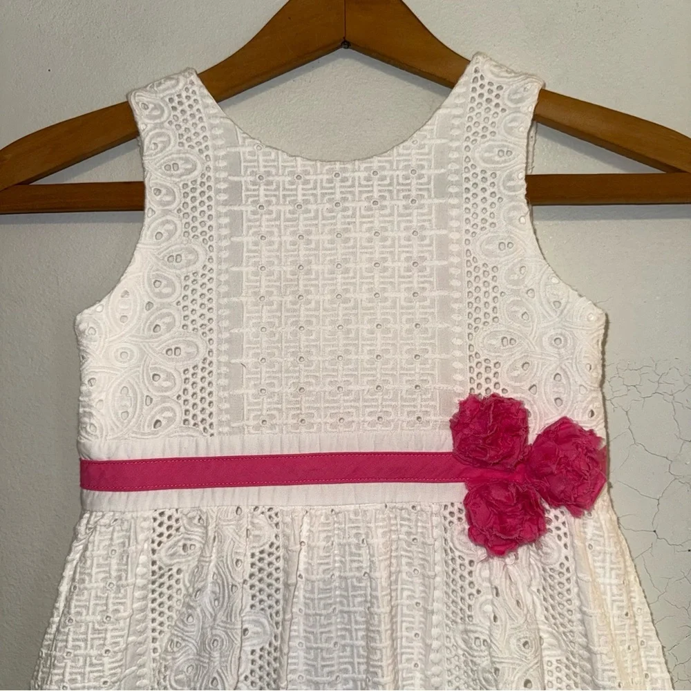 Lilly Pulitzer Girls White Lace Dress with Pink Rosettes and Trim Size 5